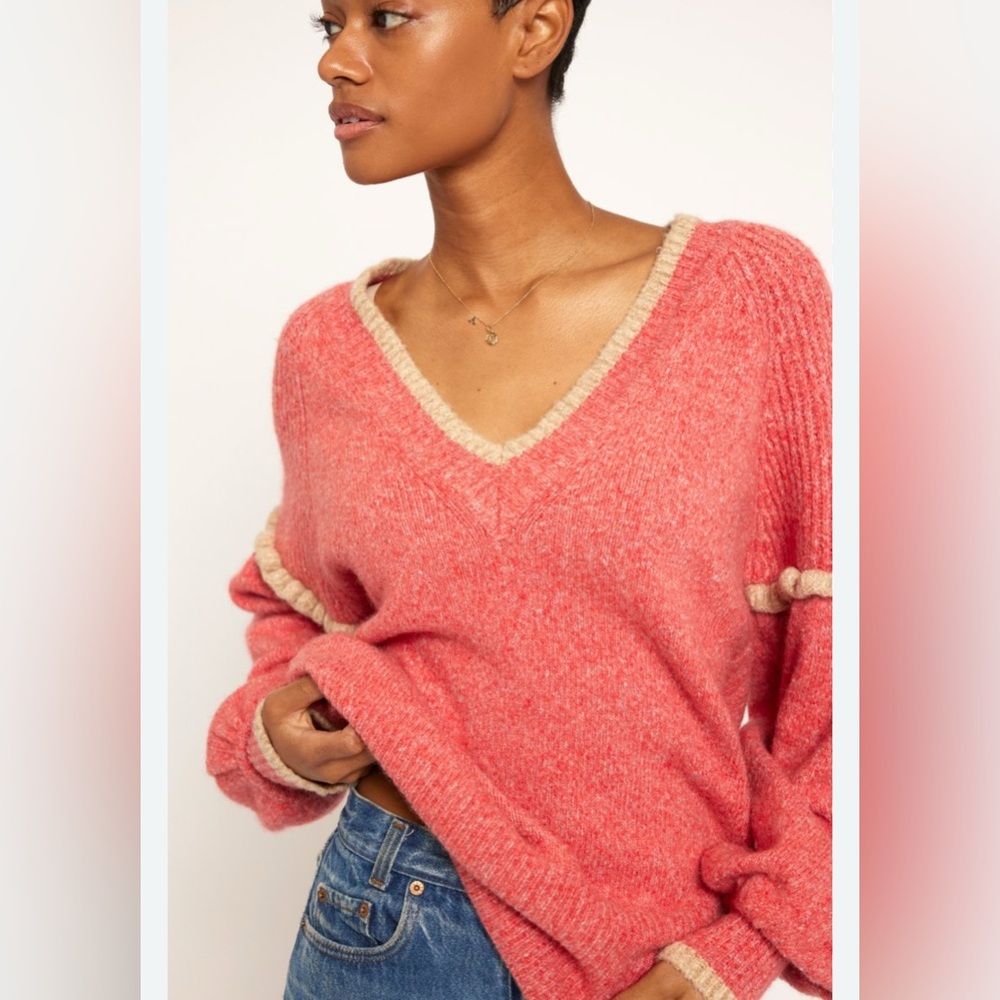 NWT JOIE $348 Alpaca Lambswool V-Neck Sweater in Coral and Cream